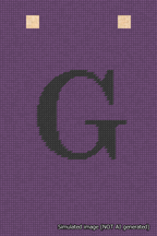 A simulated image of the stitched needlepoint design: Banner 18m Squared G Black on Purple. Not A.I. generated.