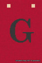 A simulated image of the stitched needlepoint design: Banner 18m Squared G Black on Red. Not A.I. generated.