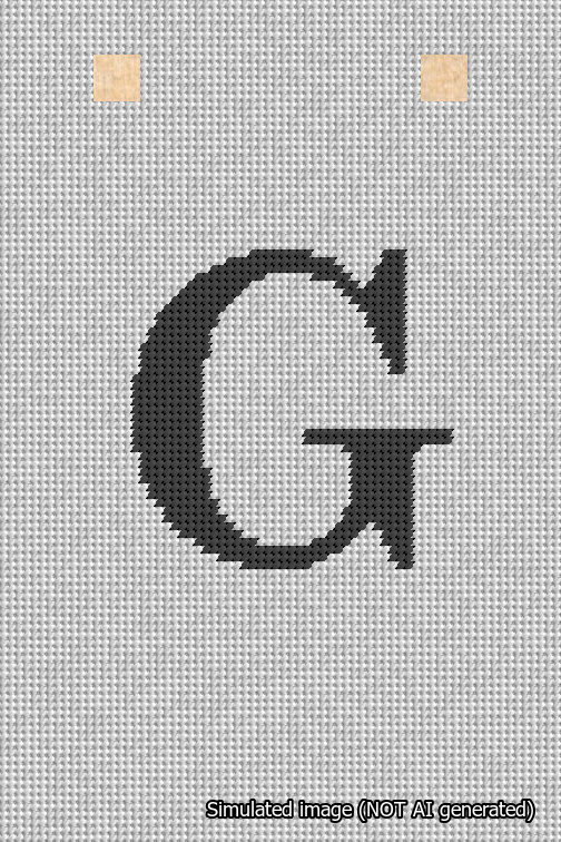 A simulated image of the stitched needlepoint design: Banner 18m Squared G Black on White. Not A.I. generated.