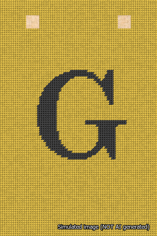 A simulated image of the stitched needlepoint design: Banner 18m Squared G Black on Yellow. Not A.I. generated.