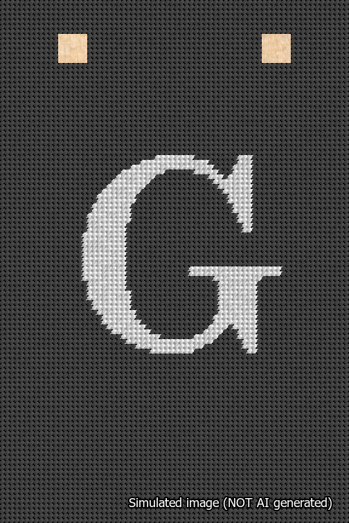 A simulated image of the stitched needlepoint design: Banner 18m Squared G White on Black. Not A.I. generated.