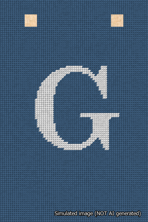 A simulated image of the stitched needlepoint design: Banner 18m Squared G White on Blue. Not A.I. generated.