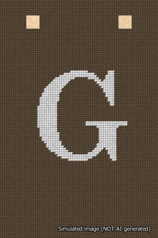 A simulated image of the stitched needlepoint design: Banner 18m Squared G White on Brown. Not A.I. generated.