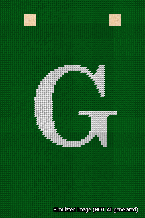 A simulated image of the stitched needlepoint design: Banner 18m Squared G White on Green. Not A.I. generated.