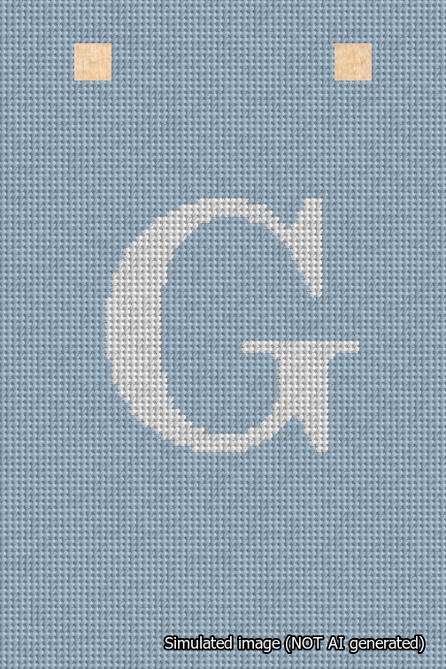 A simulated image of the stitched needlepoint design: Banner 18m Squared G White on Light Blue. Not A.I. generated.
