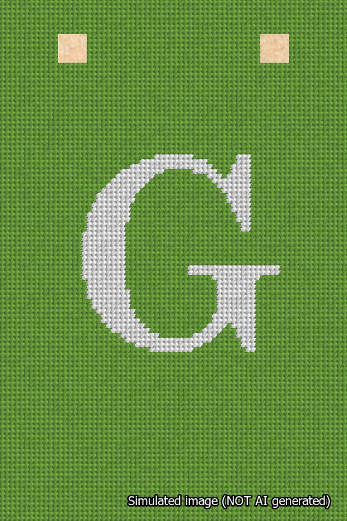 A simulated image of the stitched needlepoint design: Banner 18m Squared G White on Light Green. Not A.I. generated.