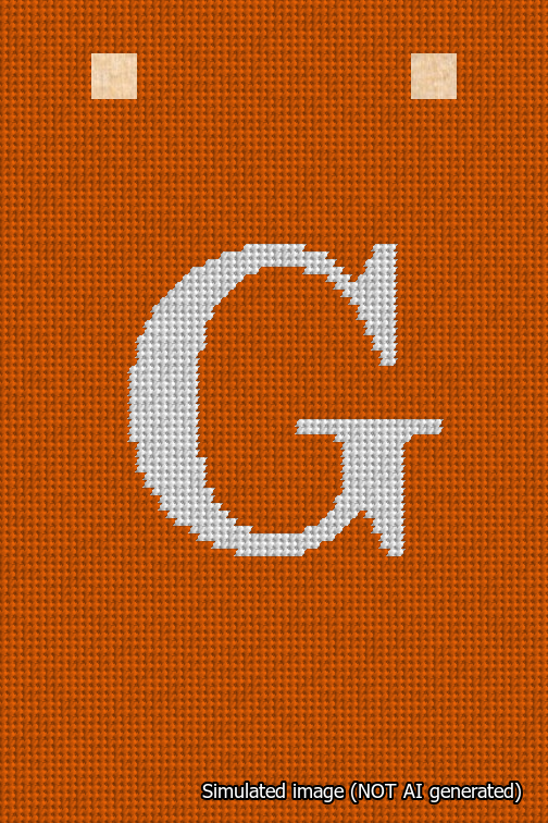 A simulated image of the stitched needlepoint design: Banner 18m Squared G White on Orange. Not A.I. generated.