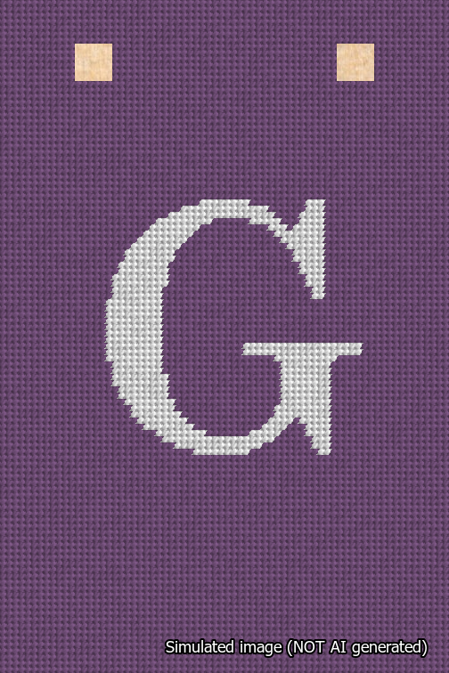 A simulated image of the stitched needlepoint design: Banner 18m Squared G White on Purple. Not A.I. generated.