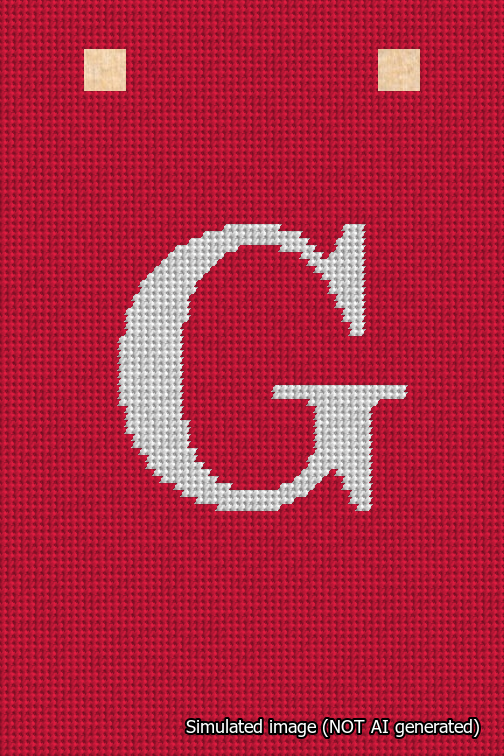A simulated image of the stitched needlepoint design: Banner 18m Squared G White on Red. Not A.I. generated.
