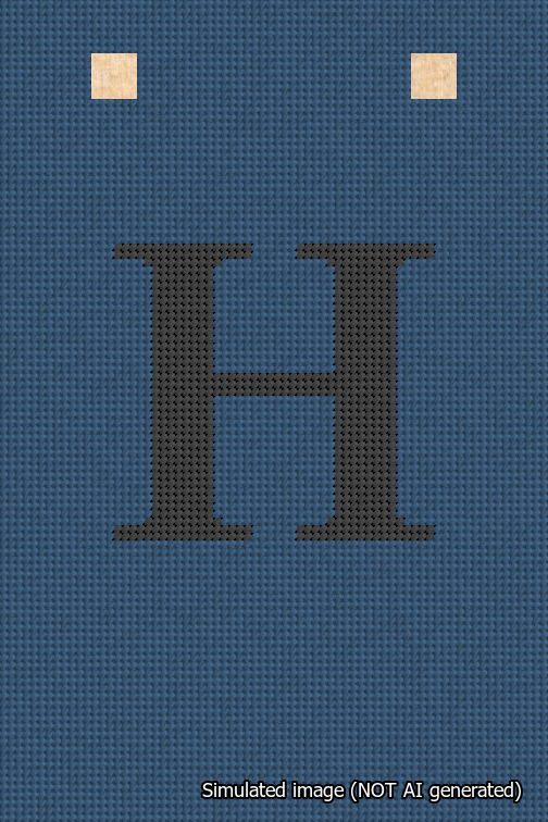 A simulated image of the stitched needlepoint design: Banner 18m Squared H Black on Blue. Not A.I. generated.