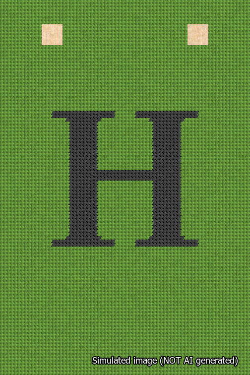 A simulated image of the stitched needlepoint design: Banner 18m Squared H Black on Light Green. Not A.I. generated.