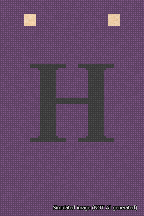 A simulated image of the stitched needlepoint design: Banner 18m Squared H Black on Purple. Not A.I. generated.