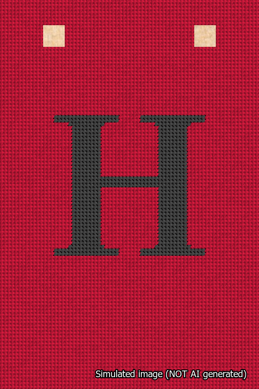 A simulated image of the stitched needlepoint design: Banner 18m Squared H Black on Red. Not A.I. generated.
