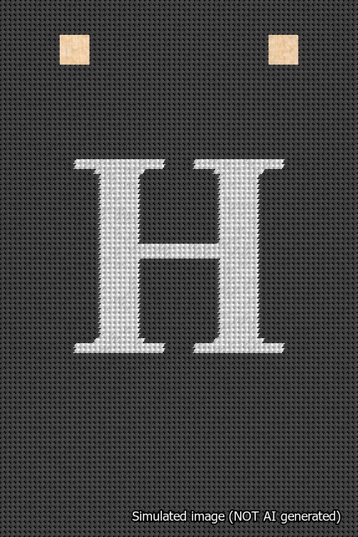 A simulated image of the stitched needlepoint design: Banner 18m Squared H White on Black. Not A.I. generated.