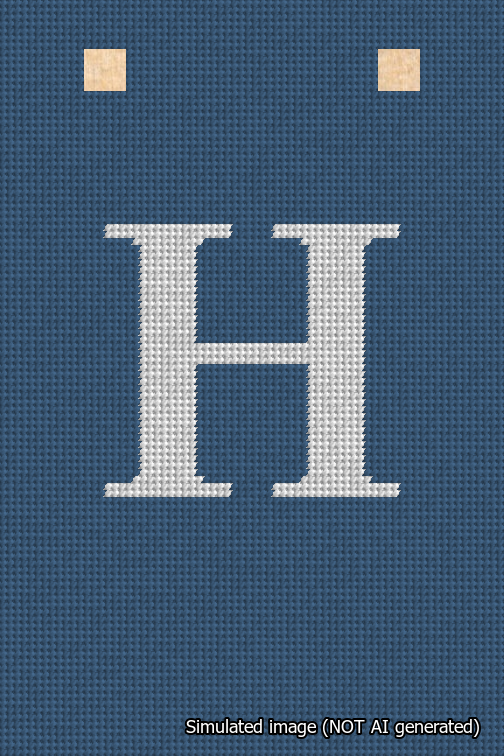 A simulated image of the stitched needlepoint design: Banner 18m Squared H White on Blue. Not A.I. generated.