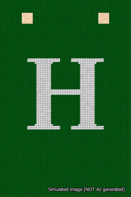 A simulated image of the stitched needlepoint design: Banner 18m Squared H White on Green. Not A.I. generated.