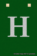A simulated image of the stitched needlepoint design: Banner 18m Squared H White on Green. Not A.I. generated.