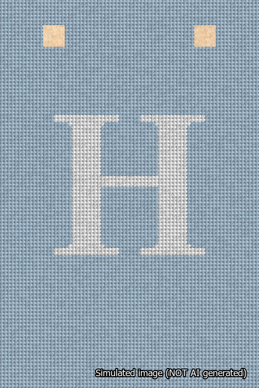 A simulated image of the stitched needlepoint design: Banner 18m Squared H White on Light Blue. Not A.I. generated.