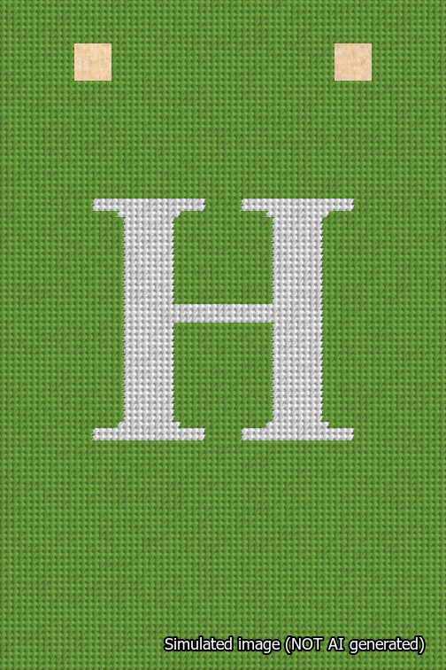 A simulated image of the stitched needlepoint design: Banner 18m Squared H White on Light Green. Not A.I. generated.
