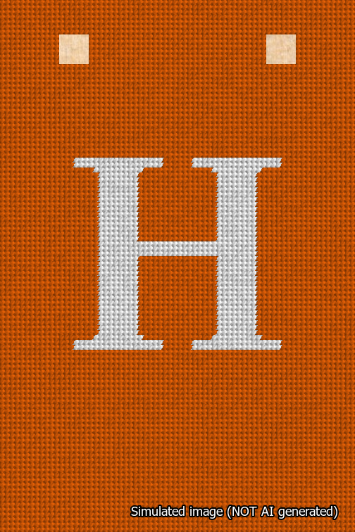 A simulated image of the stitched needlepoint design: Banner 18m Squared H White on Orange. Not A.I. generated.