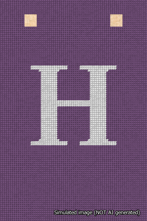 A simulated image of the stitched needlepoint design: Banner 18m Squared H White on Purple. Not A.I. generated.