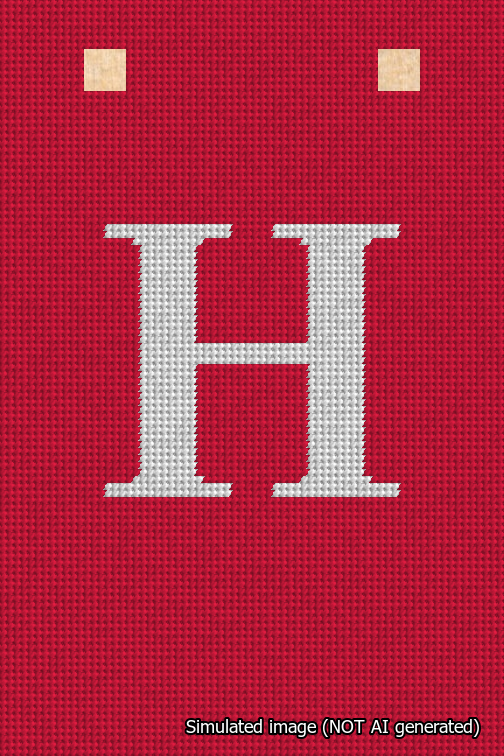 A simulated image of the stitched needlepoint design: Banner 18m Squared H White on Red. Not A.I. generated.