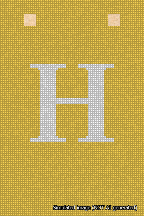A simulated image of the stitched needlepoint design: Banner 18m Squared H White on Yellow. Not A.I. generated.
