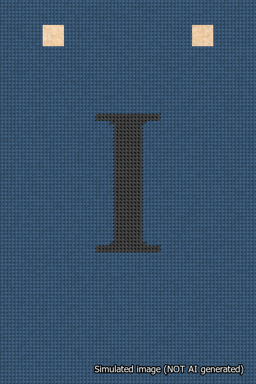 A simulated image of the stitched needlepoint design: Banner 18m Squared I Black on Blue. Not A.I. generated.