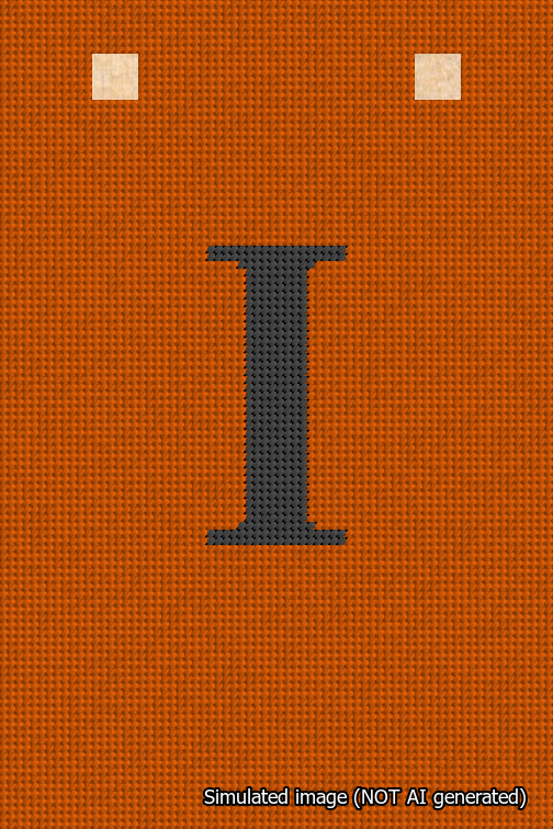 A simulated image of the stitched needlepoint design: Banner 18m Squared I Black on Orange. Not A.I. generated.