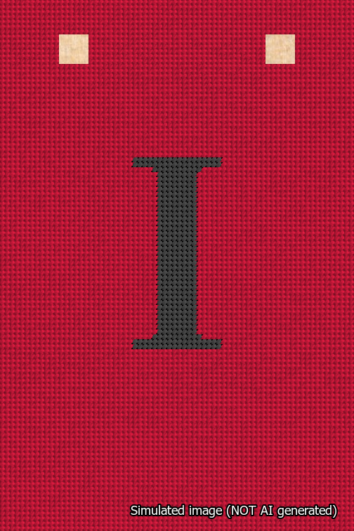 A simulated image of the stitched needlepoint design: Banner 18m Squared I Black on Red. Not A.I. generated.