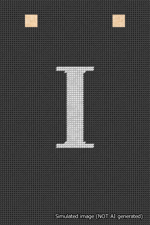 A simulated image of the stitched needlepoint design: Banner 18m Squared I White on Black. Not A.I. generated.