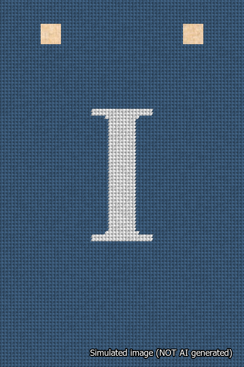 A simulated image of the stitched needlepoint design: Banner 18m Squared I White on Blue. Not A.I. generated.