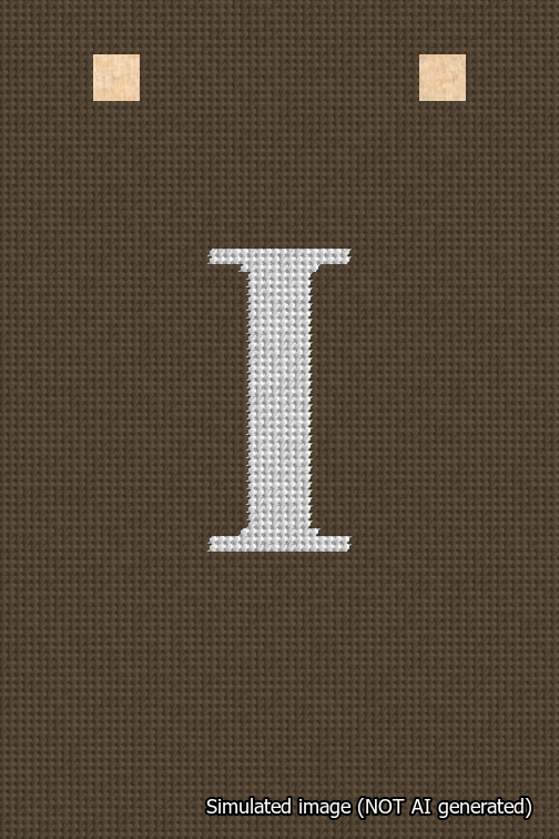 A simulated image of the stitched needlepoint design: Banner 18m Squared I White on Brown. Not A.I. generated.
