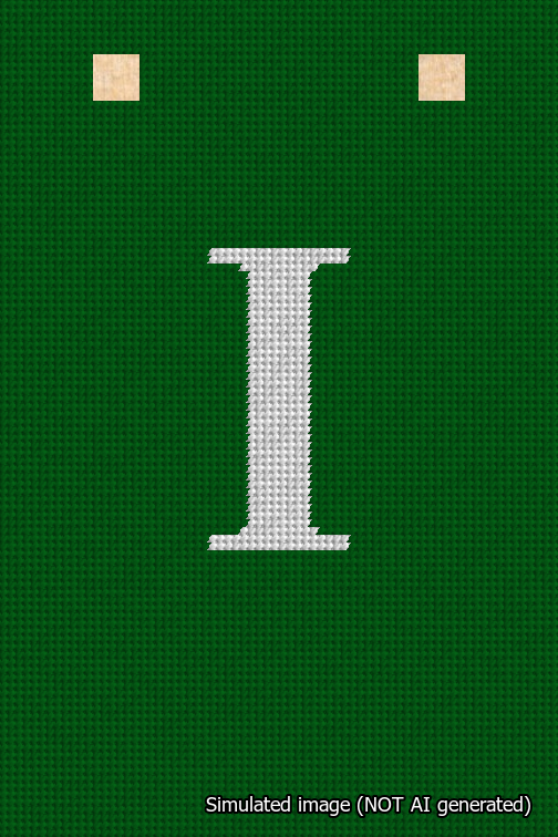 A simulated image of the stitched needlepoint design: Banner 18m Squared I White on Green. Not A.I. generated.