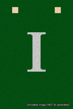 A simulated image of the stitched needlepoint design: Banner 18m Squared I White on Green. Not A.I. generated.