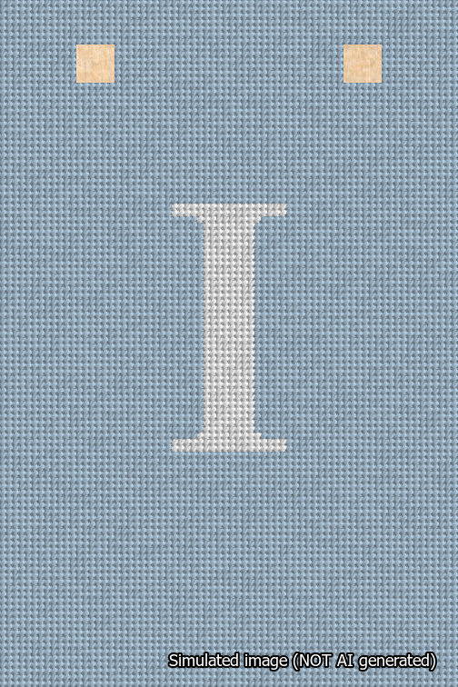 A simulated image of the stitched needlepoint design: Banner 18m Squared I White on Light Blue. Not A.I. generated.