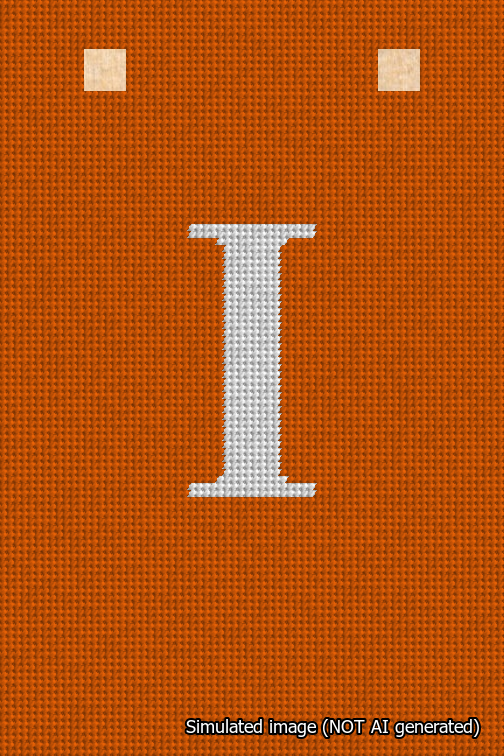A simulated image of the stitched needlepoint design: Banner 18m Squared I White on Orange. Not A.I. generated.
