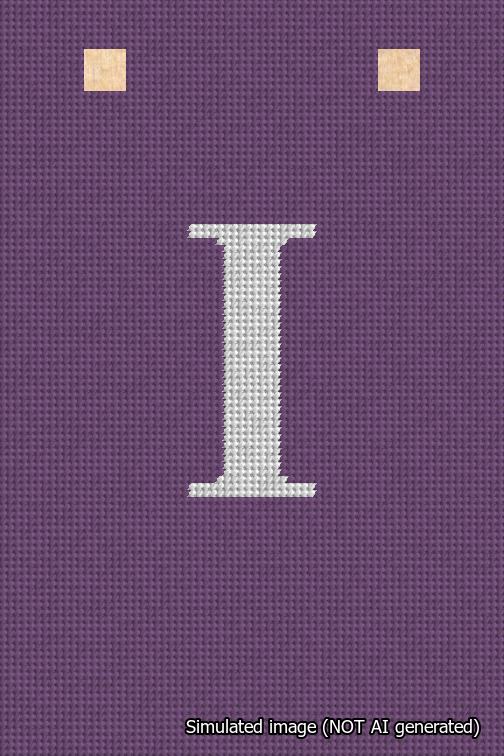A simulated image of the stitched needlepoint design: Banner 18m Squared I White on Purple. Not A.I. generated.