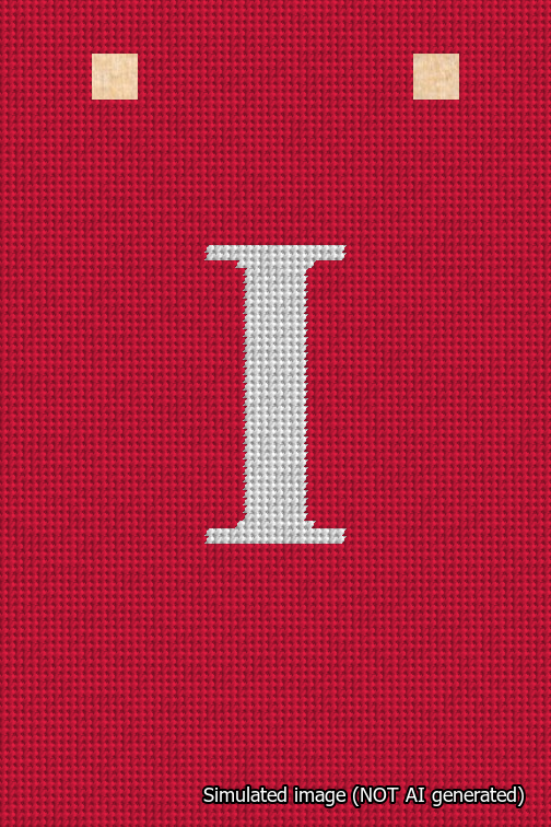 A simulated image of the stitched needlepoint design: Banner 18m Squared I White on Red. Not A.I. generated.