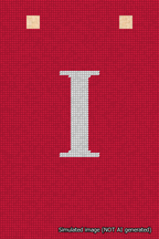 A simulated image of the stitched needlepoint design: Banner 18m Squared I White on Red. Not A.I. generated.