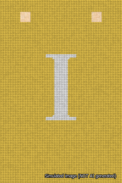 A simulated image of the stitched needlepoint design: Banner 18m Squared I White on Yellow. Not A.I. generated.