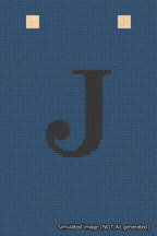 A simulated image of the stitched needlepoint design: Banner 18m Squared J Black on Blue. Not A.I. generated.