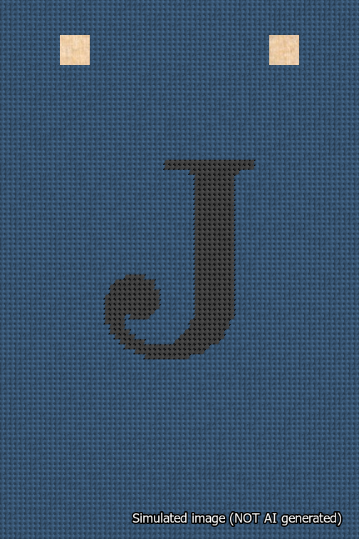 A simulated image of the stitched needlepoint design: Banner 18m Squared J Black on Blue. Not A.I. generated.
