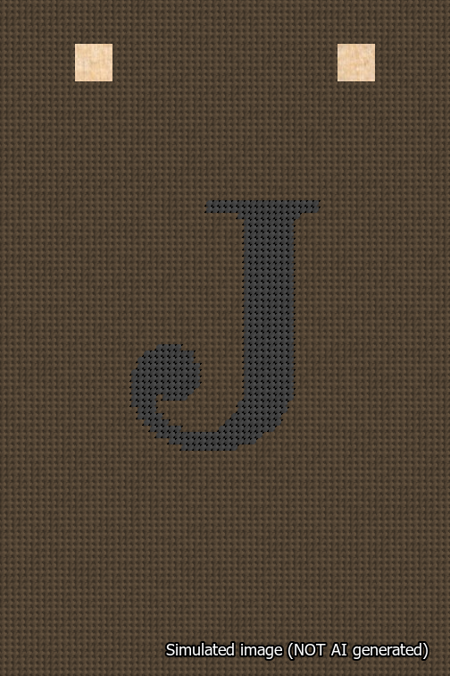 A simulated image of the stitched needlepoint design: Banner 18m Squared J Black on Brown. Not A.I. generated.