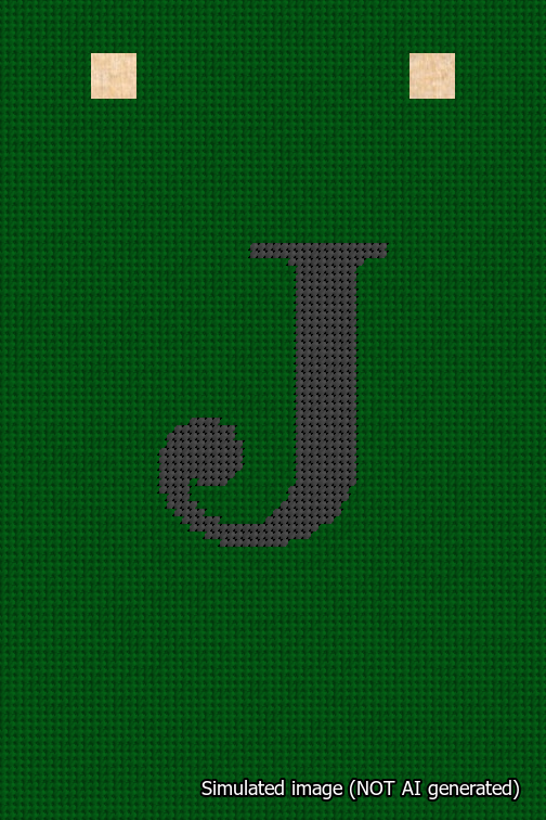 A simulated image of the stitched needlepoint design: Banner 18m Squared J Black on Green. Not A.I. generated.