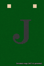 A simulated image of the stitched needlepoint design: Banner 18m Squared J Black on Green. Not A.I. generated.