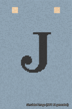 A simulated image of the stitched needlepoint design: Banner 18m Squared J Black on Light Blue. Not A.I. generated.