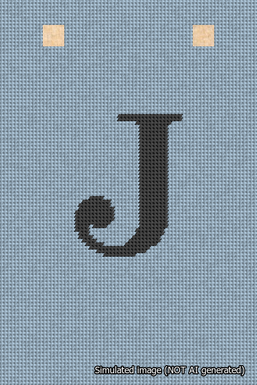 A simulated image of the stitched needlepoint design: Banner 18m Squared J Black on Light Blue. Not A.I. generated.
