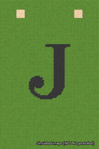 A simulated image of the stitched needlepoint design: Banner 18m Squared J Black on Light Green. Not A.I. generated.