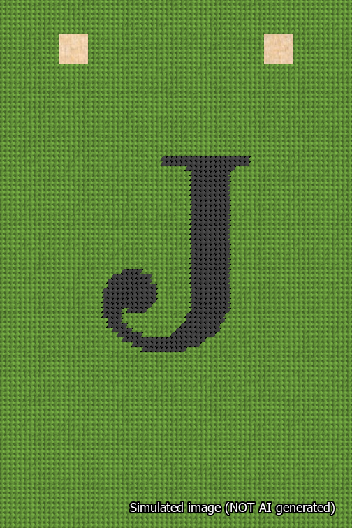 A simulated image of the stitched needlepoint design: Banner 18m Squared J Black on Light Green. Not A.I. generated.